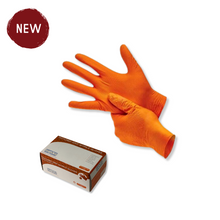 Load image into Gallery viewer, Stylus Premium Orange Nitrile Gloves with Textured Grip, Box of 100