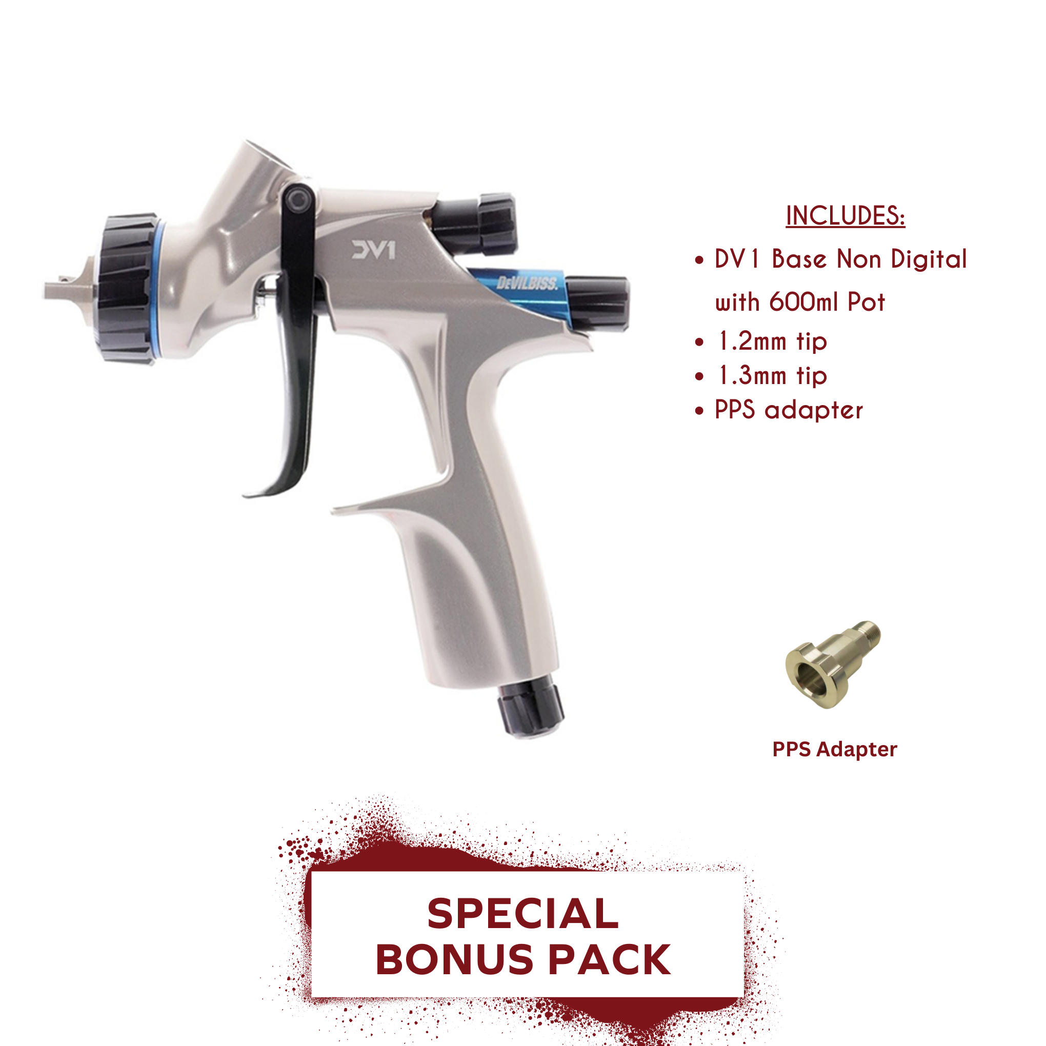 Devilbiss DV1 Base NonDigital BONUS PACK 1.2MM + 1.3MM + PPS Adapte